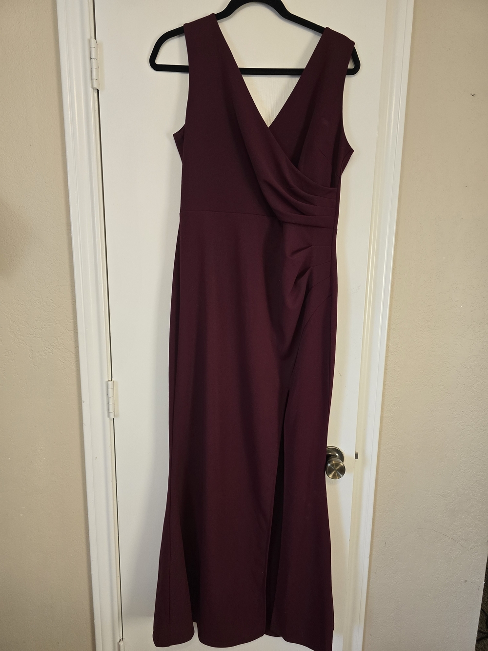 Burgundy Formal Maxi Dress High Slit Draped Evening Gown Size Large